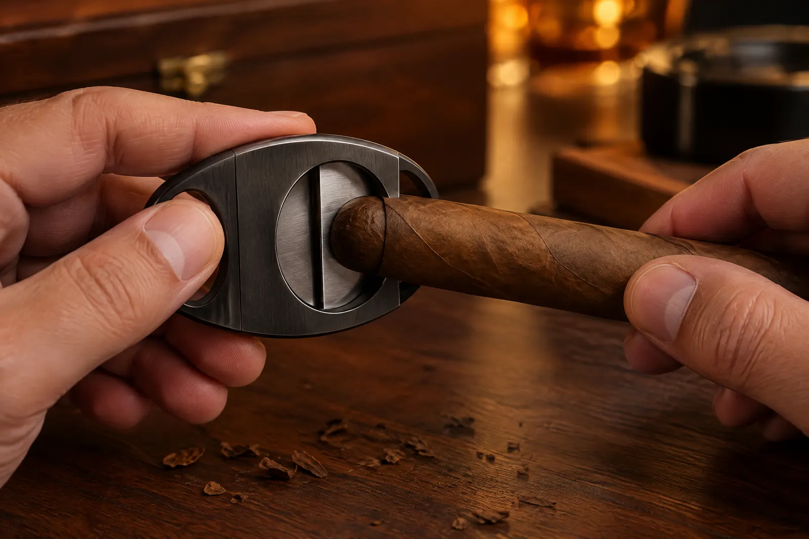 A double-blade guillotine cutter taking just the tip off the cap of a natural-wrapper robusto
