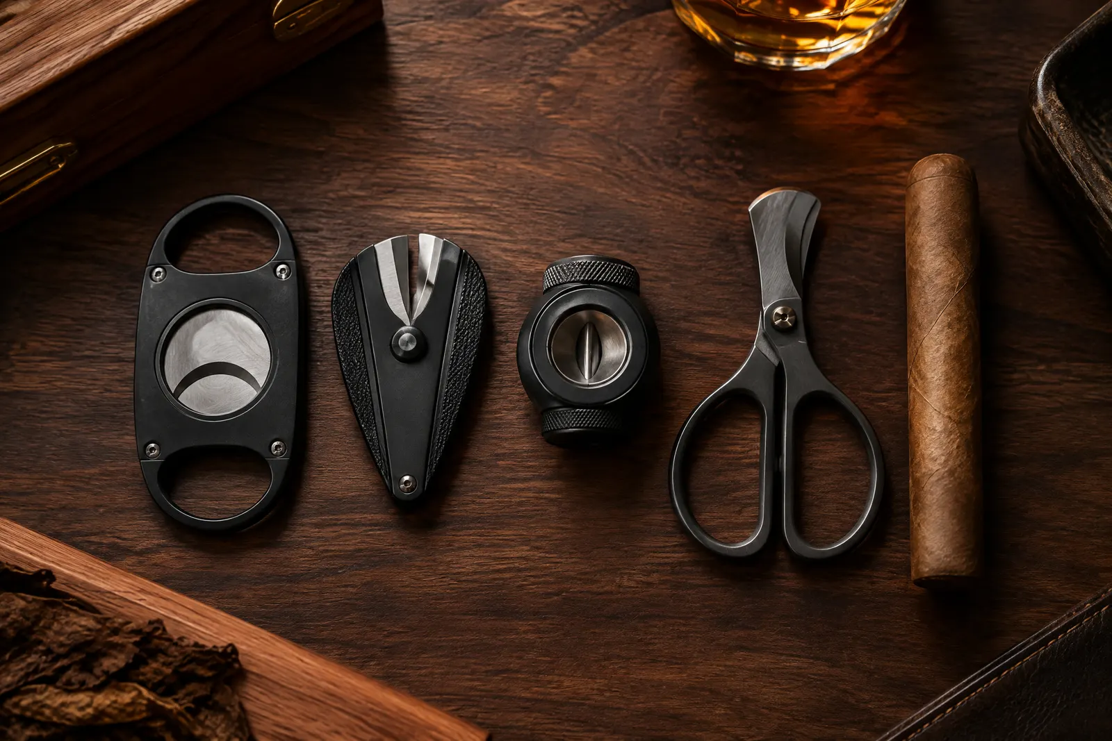 Four cigar cutters laid out: a double-blade guillotine, a V-cutter, a punch and cigar scissors