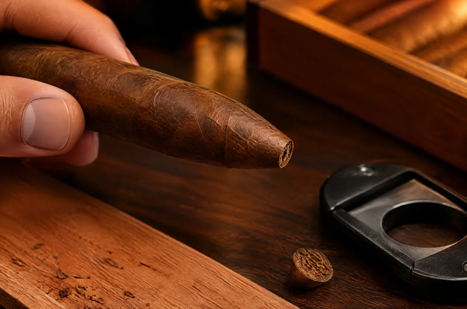 A torpedo cigar with just the tip of its pointed head snipped off