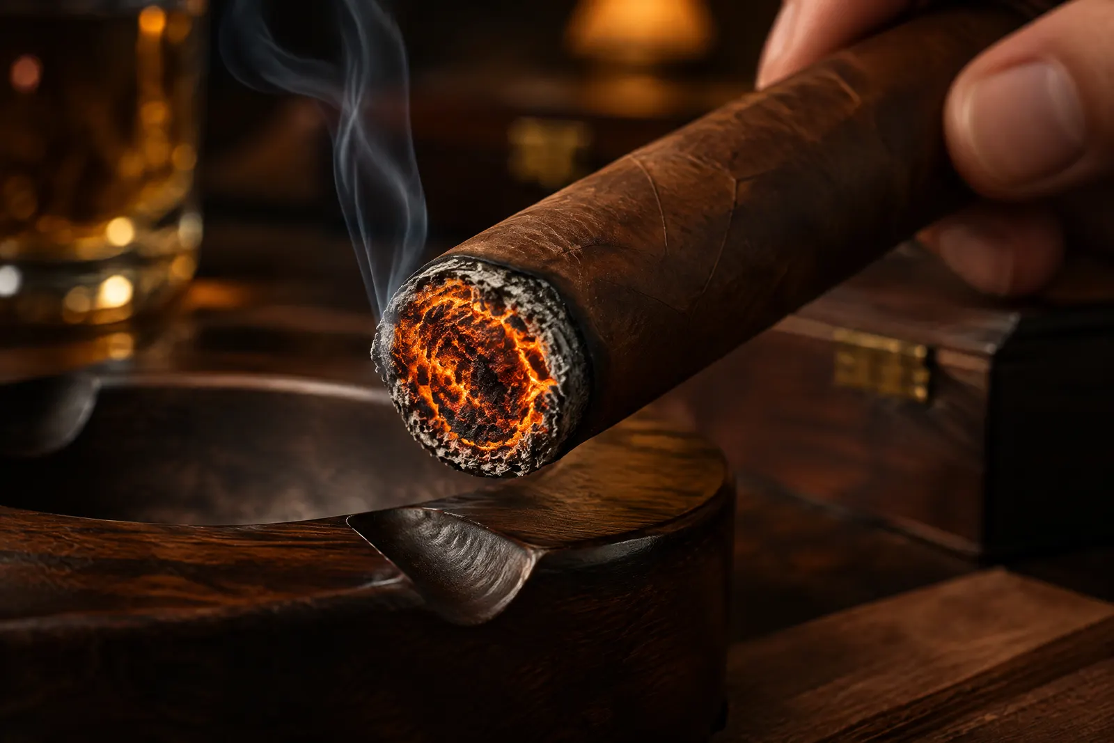The foot of a freshly lit cigar with an even, complete glowing ember ring