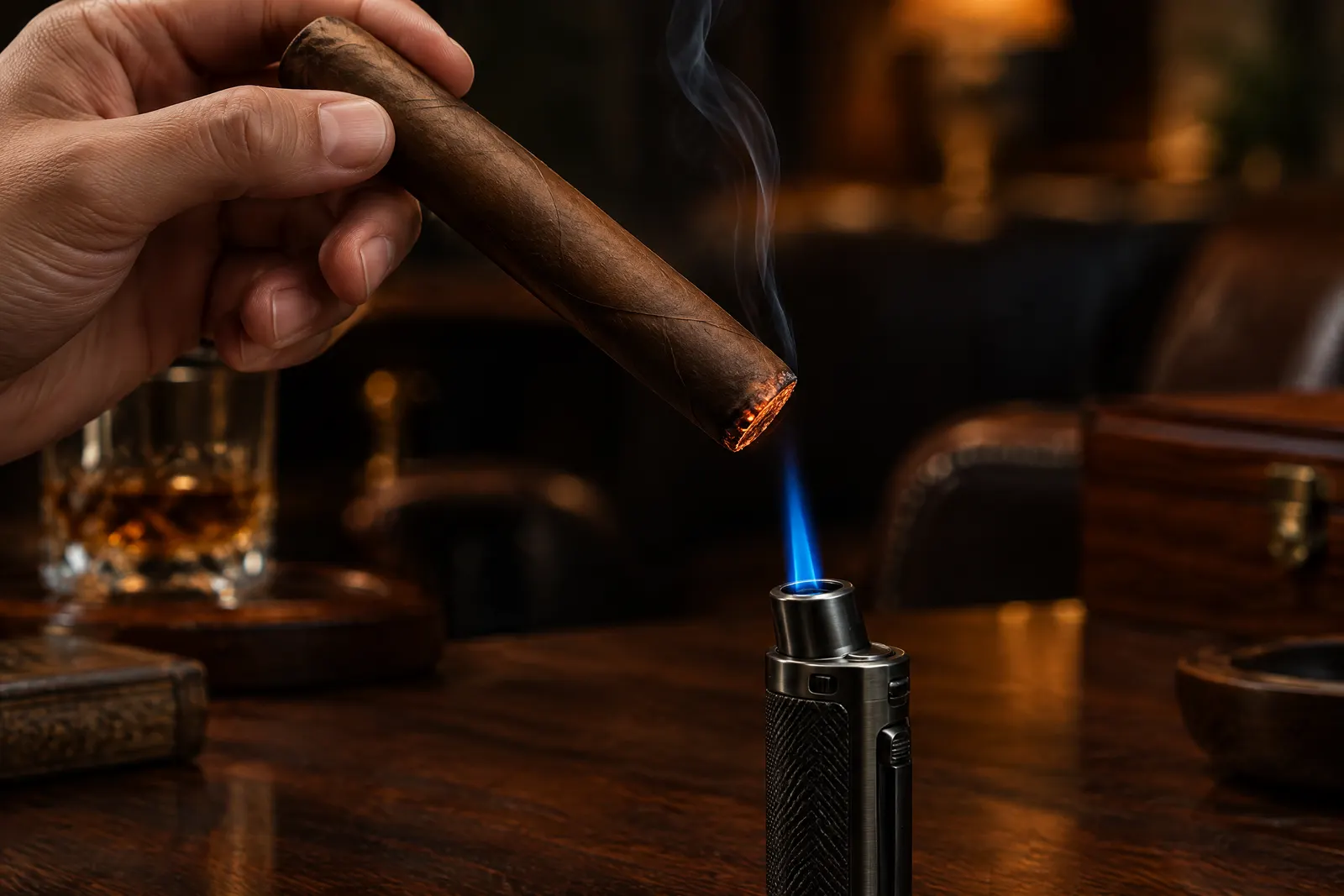 A cigar held at 45 degrees with its foot toasting half an inch above a torch flame that does not touch it