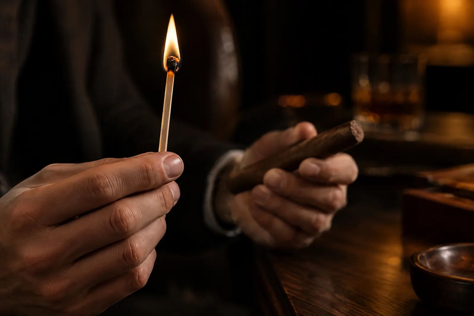 A long wooden match burning upright while the match head burns off before lighting a cigar