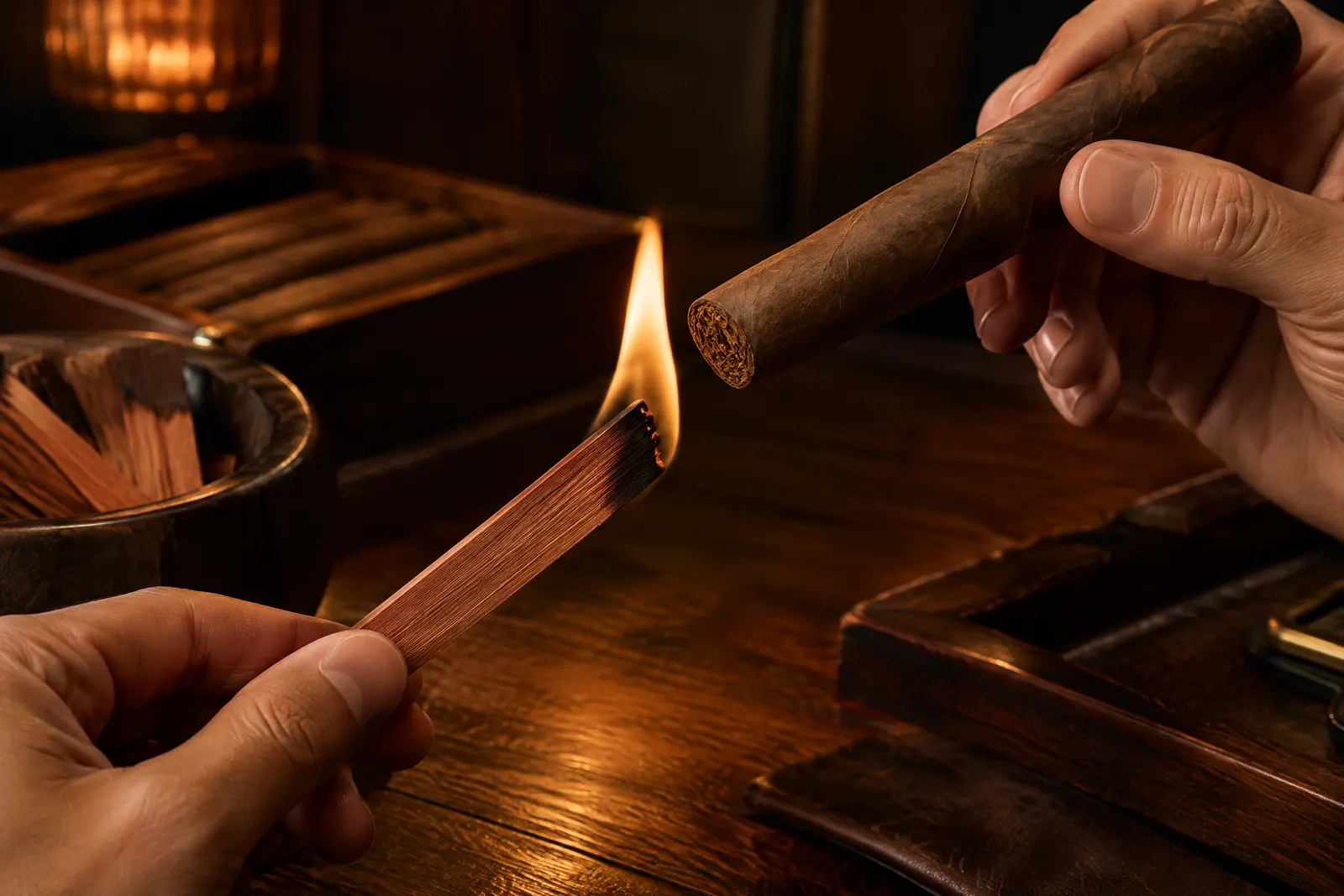 A cedar spill burning with a soft flame, used to toast the foot of a cigar