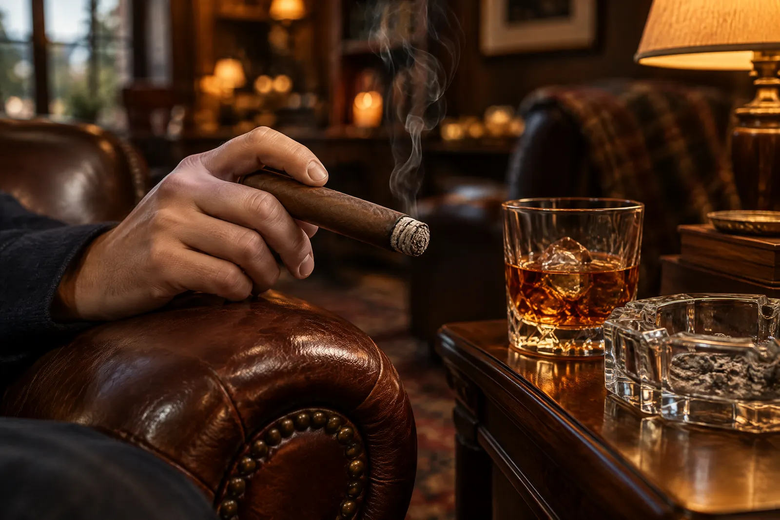 A lit toro cigar with an inch of firm ash held over a leather armrest beside a glass of bourbon