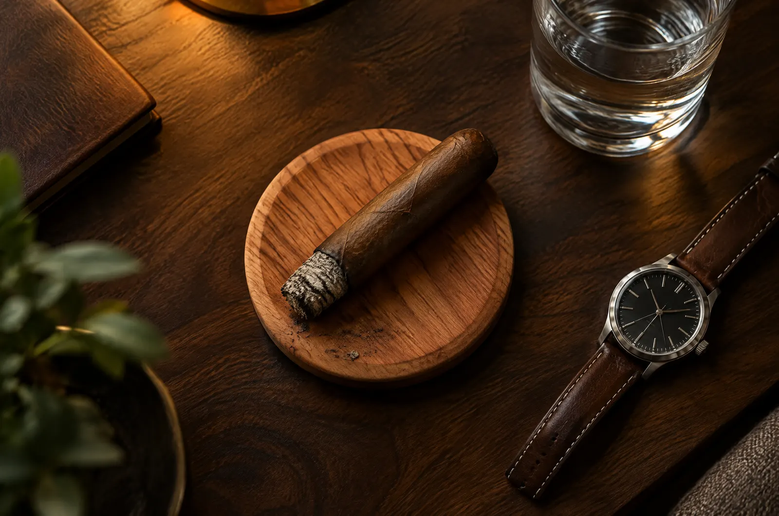 A half-smoked cigar on a cedar coaster beside a wristwatch and a glass of water