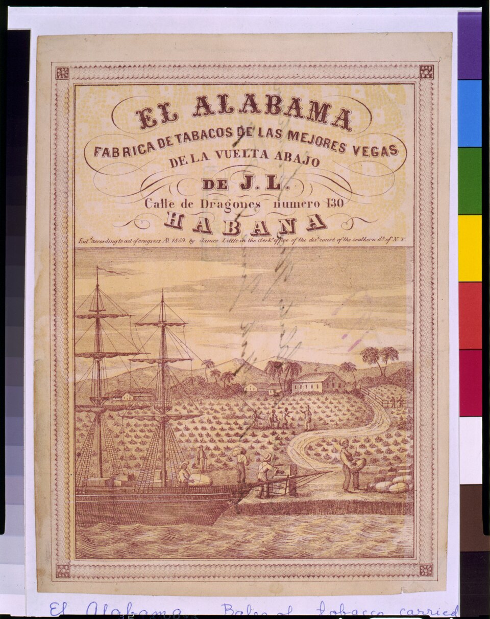 Vintage chromolithograph for El Alabama cigar brand, touting Vuelta Abajo tobacco
