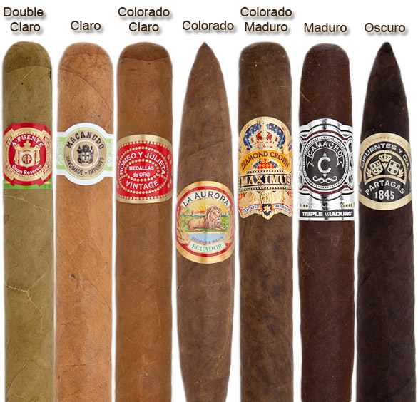 A cigar wrapper color chart ranging from pale claro to near-black maduro
