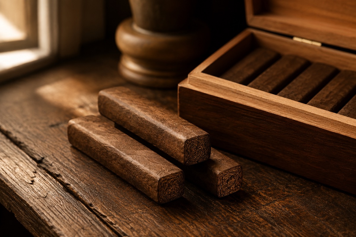 Box-pressed cigars with squared sides resting beside an open cedar box
