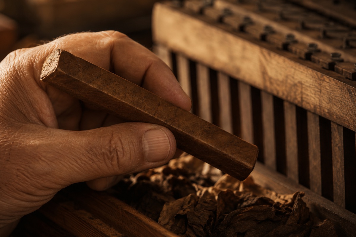 A single squared box-pressed cigar held near wooden pressing slats